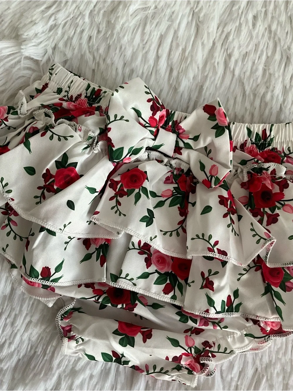 Floral Ruffle Baby Diaper Cover Bloomers - White with Red Flowers